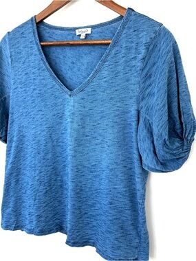 Splendid Indigo V-Neck Puff Sleeve Tee, Relaxed Fit, Slub Cotton